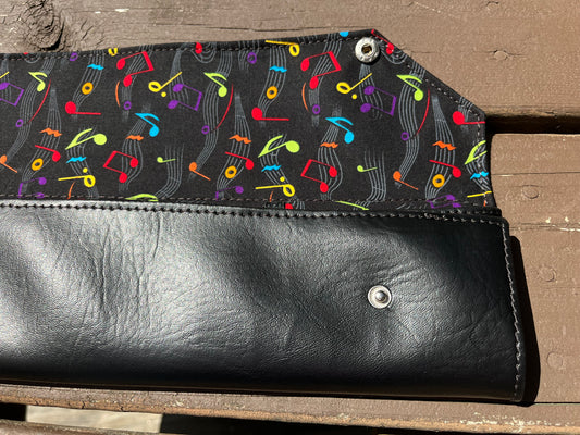 Four Baton Vegan Leather Case - Black Multi Music Note Fabric
