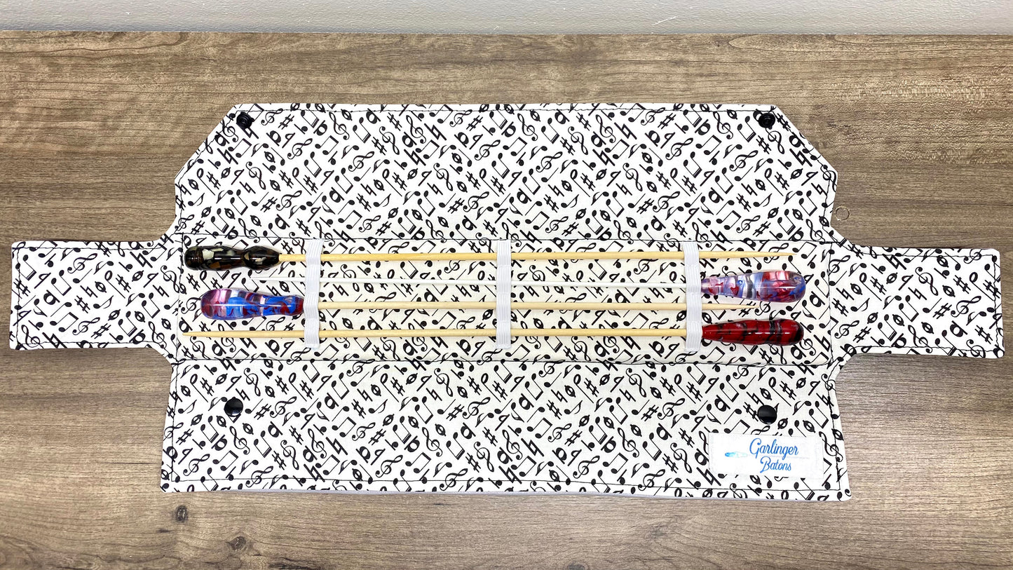 Four Baton Vegan Leather Case - White Music Note Fabric