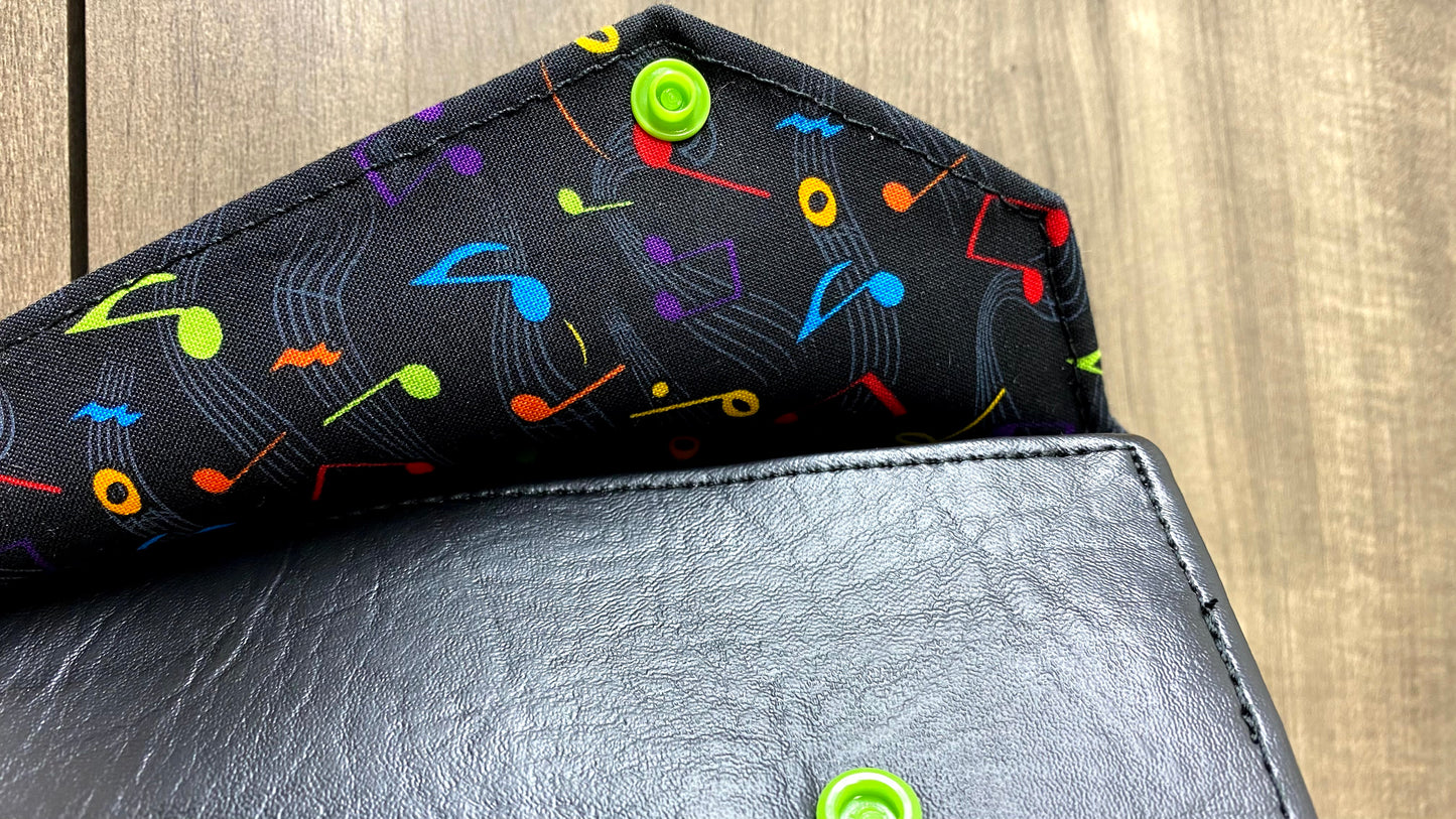 Four Baton Vegan Leather Case - Black Multi Music Note Fabric